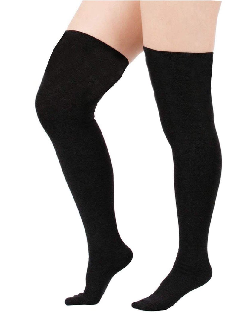 Zando Women Plus Size Over the Knee Thigh High Socks Thin Tube Cosplay Long Tights Solid Sport Thigh High Stocking Socks 1 Pack Black Prime US Size 8-12 - Image 1